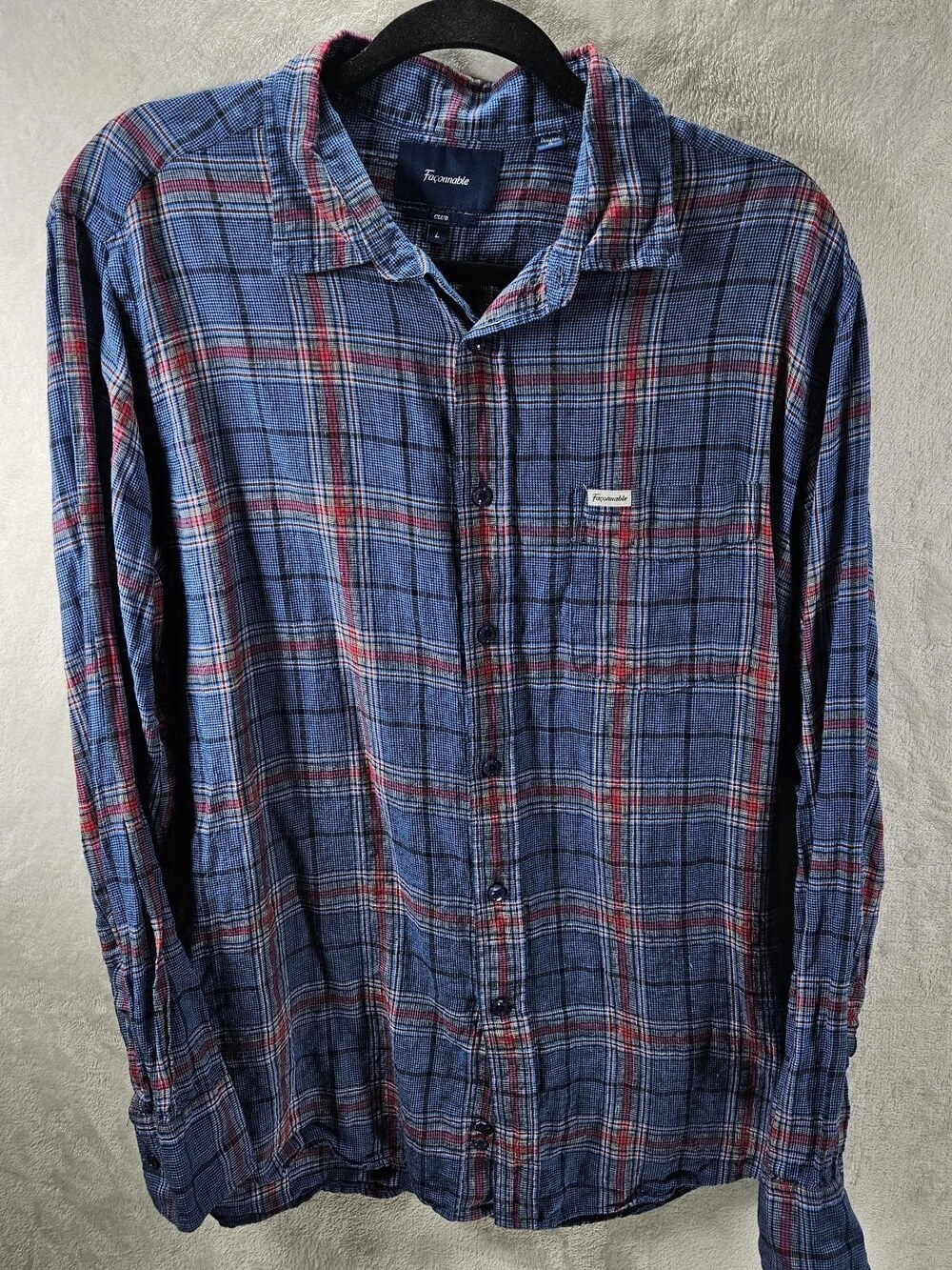 Faconnable Club Fit Plaid Linen Shirt Blue Red Men's Size Large
